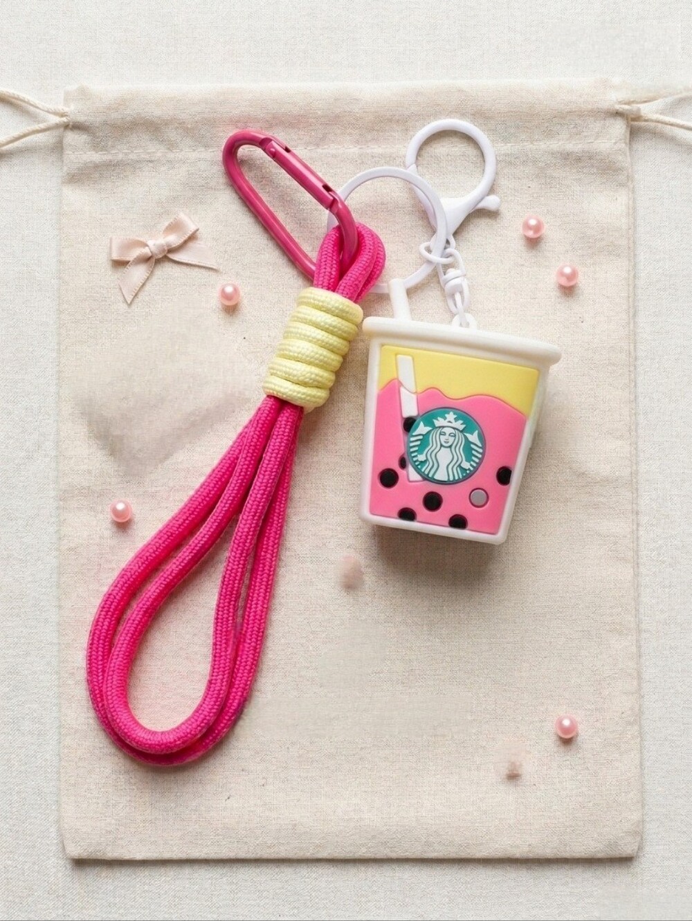 Starbucks Pink and Yellow Bubble Tea Keychain Lanyard